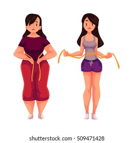 Woman measuring waist before and after loosing weight, cartoon vector illustration isolated on white background. Overweight and athletic version of young woman measuring herselves