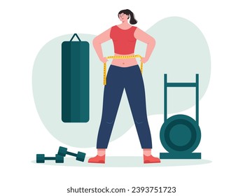 Mujer midiendo la circunferencia de la cintura después del entrenamiento en el gimnasio, dieta para el cuerpo delgado. Diseño de caracteres. Ilustración plana del vector