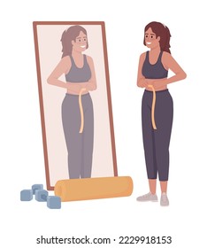 Woman measuring waist near mirror semi flat color vector character. Editable figure. Full body person on white. Weight loss simple cartoon style illustration for web graphic design and animation