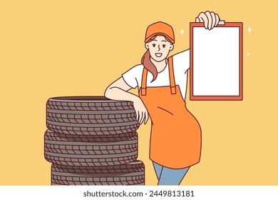 Woman mechanic from car repair shop stands near replacement tires for automobile wheels and demonstrates empty clipboard. Copy space in hands of girl mechanic in overalls for repairing vehicles