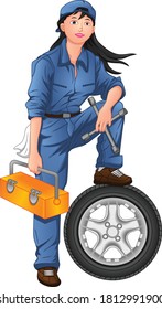woman mechanic posing with tires and tool box