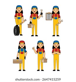 Woman Mechanic Profesion Character. Technician and builders and engineers and mechanics and Construction Worker People teamwork ,Vector illustration cartoon character