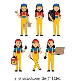  Personagem de profissão de mulher mecânica. Técnico e construtores e engenheiros e mecânicos e trabalhador de construção Trabalho em equipe de pessoas, personagem de desenho animado ilustração vetor