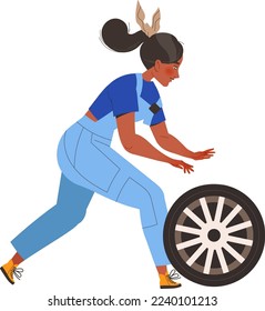 Woman Mechanic Rolling Tyre on the Ground as Car Repair Service Work Vector Illustration