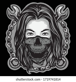 woman mechanic with wrench logo design vector