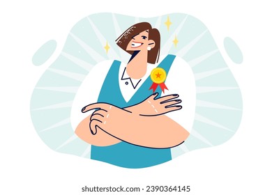 Woman with medal for best employee of month stands with arms crossed and looks at camera with smile. Successful girl received best manager award for outstanding career results and sales growth