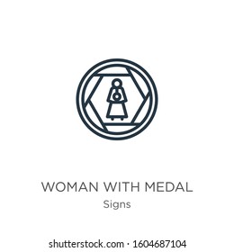 Woman with medal icon. Thin linear woman with medal outline icon isolated on white background from signs collection. Line vector sign, symbol for web and mobile