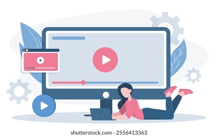 Woman with media player. Young girl with laptop watches video. Entertainment and content on Internet, video hosting and social media. Flat vector illustration isolated on white background