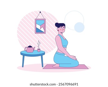Woman mediating at home soothing while hot tea in table. Character design. Vector flat illustration