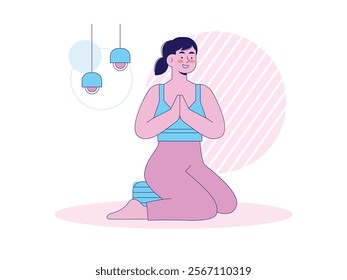 Woman mediating position wearing sportwear, at home balancing body and mind. Character design. Vector flat illustration