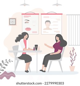 Woman at medical appointment with plastic surgery. Female patient discusses with doctor facial cosmetic rejuvenating treatment and lifting contour skin. Health care, medical office interior. vector