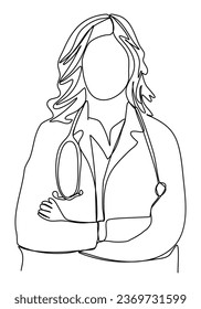 Woman in a medical coat with a stethoscope around her neck. One line drawing, vector illustration