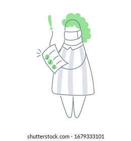 Woman with a medical face mask, check list and an exclamation mark in her hands. Medical instructions, quarantine rules, doctor’s prescriptions. Flat thin line vector illustration on white.