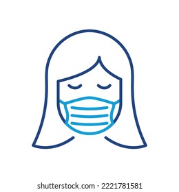 Woman in Medical Face Mask Color Line Icon. Face Protection Mask Cover Nose and Mouth of Girl. Wear Respirator against Air Pollution, Virus, Allergy and Dust. Editable stroke. Vector illustration.