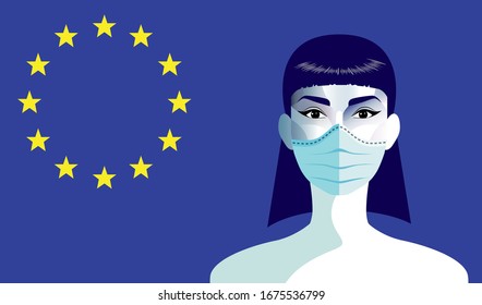 Woman With Medical Face Mask. Concept Of Coronavirus Quarantine In Europe, Usa, China .COVID-19 Concept Resposible For Disease Outbreak.