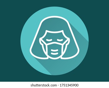 Woman in medical face mask icon. Simple illustration with long shadow isolated for graphic and web design.