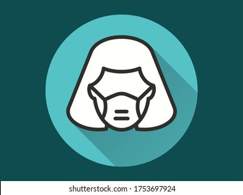 Woman in medical face mask icon. Simple illustration with long shadow isolated for graphic and web design.