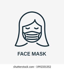 Woman in Medical Face Mask Line Icon. Face Protection Mask Cover Nose and Mouth of Girl. Wear Respirator against Air Pollution, Virus, Allergy and Dust. Editable stroke. Vector illustration.