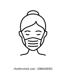 Woman in Medical Face Mask Line Icon. Wear Respirator against Air Pollution, Virus, Allergy and Dust. Face Protection Mask Cover Nose and Mouth of Girl. Editable stroke. Vector illustration.