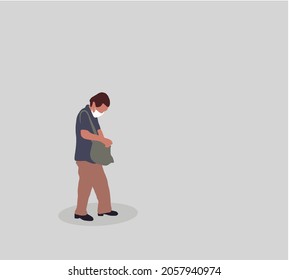Woman with medical face mask looking for something such as phone in her handbag outdoors. Tourist standing in public park and opening bag. Losing thing concept. Vector design illustrations.