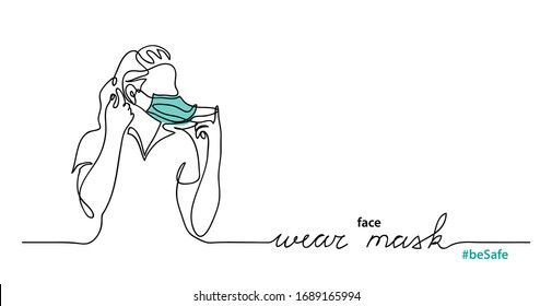 Mujer con mascarilla médica. Un plano de línea continua. Banner simple vectorial web, fondo.