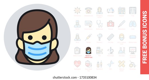 Woman in medical face protection mask. Protective surgical mask icon. Simple color version. Free bonus icons kit included