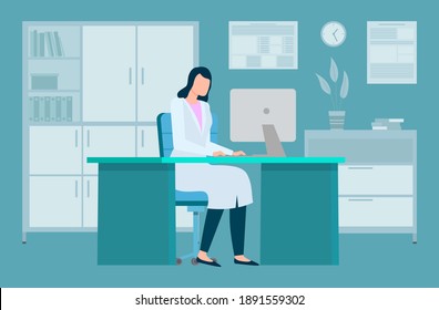 A woman in a medical gown works at a laptop. The girl works in a hospital room. Woman in glasses and a uniform sits in the office at a computer. Therapist is working remotely with technology