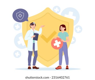 Woman with medical insurance concept. Man in medical uniform stands next to woman in front of golden shield with cross. Health care and treatment. Cartoon flat vector illustration