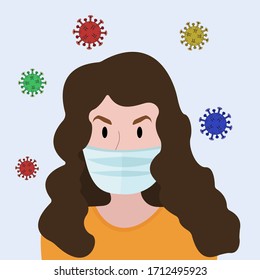 Woman in a medical mask. Bacteria of the virus. Protection from Coronavirus Covid-19