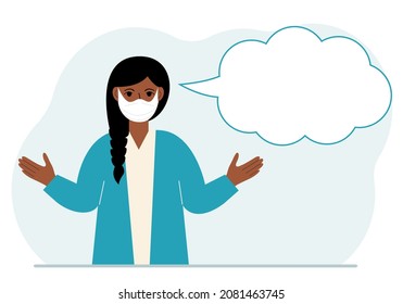 Woman with medical mask and blank thoughts, speech bubble. Hands are spread apart. Place for your text. Vector flat illustration