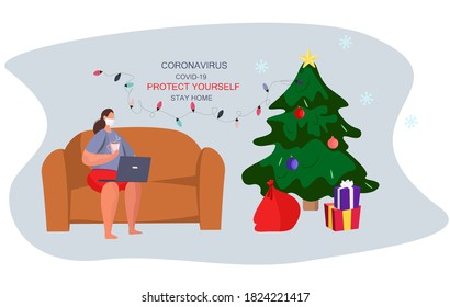 Woman in Medical Mask Celebrating Online Christmas and New Year during Quarantine.Christmas Party in Covid 19.Stay Home During Coronavirus.Christmas Tree with Gifts.Flat Vector Illustration