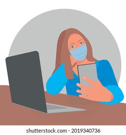 A woman in a medical mask communicates by video call on the phone, works at a computer. Coronovirus. Quarantine. Flat vector illustration. Work from home and online learning concept. Can be used for u