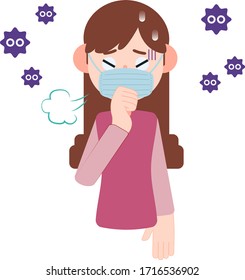 Woman with medical mask coughing