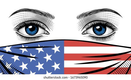 Woman in a medical mask. COVID-19 coronavirus in USA. Corona virus quarantine. People defend virus. Vintage engraving stylized drawing. Vector illustration.