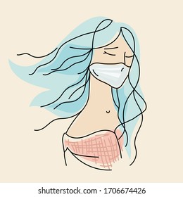 Woman with medical mask. Covid-19, coronavirus protection. Hand drawn portrait of a young girl wearing protective face element to prevent disease,flu, contamination,pollution.Vector illustration.