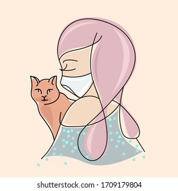 Mujer con máscara médica. Covid-19, protección contra el coronavirus. Retrato hecho a mano de un gato y una niña que usa un elemento médico de protección para prevenir enfermedades, gripe, contaminación, contaminación.