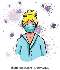 woman in a medical mask, disease prevention, science, biology, virus (color illustration, cartoon style, vector)