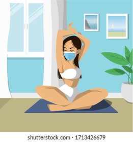 Woman in medical mask does yoga.
A girl practices yoga at home during quarantine. A woman performs an exercise to stay healthy while sitting on a rug. Stock vector illustration