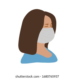 A woman in a medical mask. The girl is sideways, up to her shoulders, in blue clothes. Flat style, vector illustration.