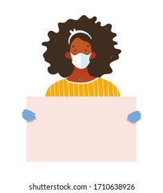 A woman in a medical mask and gloves holds a poster with place for text. Template for design, coronavirus epidemic, concept illustration, health protection. Flat vector illustration