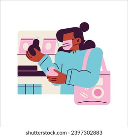 Una mujer con mascarilla médica y guantes sostiene un corazón en sus manos. Ilustración vectorial en un estilo plano