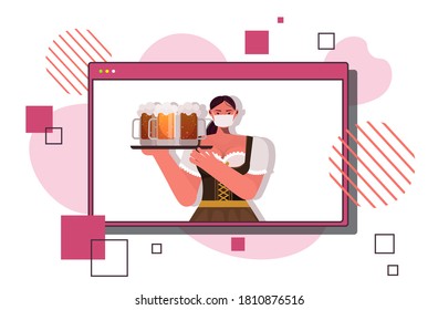 woman in medical mask holding beer mugs Oktoberfest party celebration coronavirus quarantine concept web browser window online communication portrait horizontal vector illustration