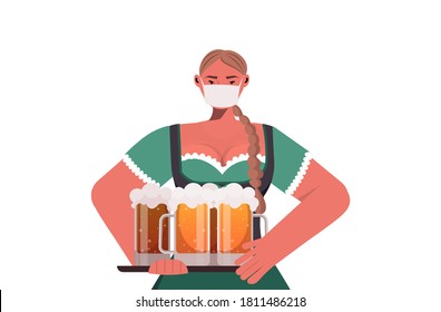 woman in medical mask holding beer mugs Oktoberfest party celebration coronavirus quarantine concept girl in german traditional clothes portrait horizontal vector illustration