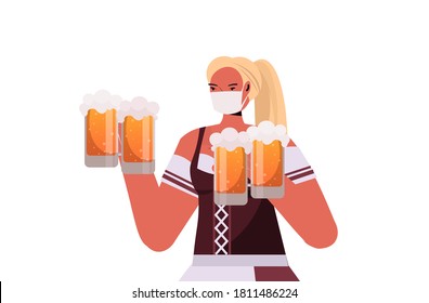 woman in medical mask holding beer mugs Oktoberfest party celebration coronavirus quarantine concept girl in german traditional clothes portrait horizontal vector illustration
