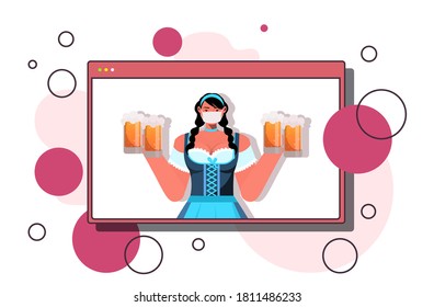 woman in medical mask holding beer mugs Oktoberfest party celebration coronavirus quarantine concept web browser window online communication portrait horizontal vector illustration