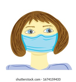 Woman in medical mask isolated on white background. Hand drawn vector illustration in cartoon style. Concept of prevention of coronavirus epidemic spreding. Element for medical informational poster