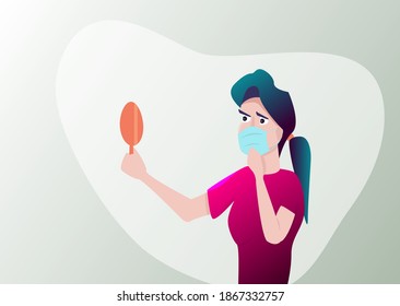 Woman in medical mask looks at herself in the mirror.Vector illustration.