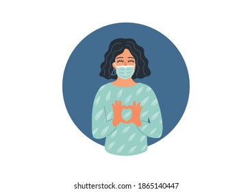 Woman in medical mask makes heart shape. Girl care about others and help preventing disease spread. 