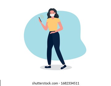 Woman in medical mask with mobile phone in hand going on the street. Protection from viruses and pillution. Flat vector illustration. 