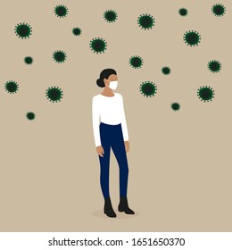 Woman in a medical mask on her face and a virus molecule around her
